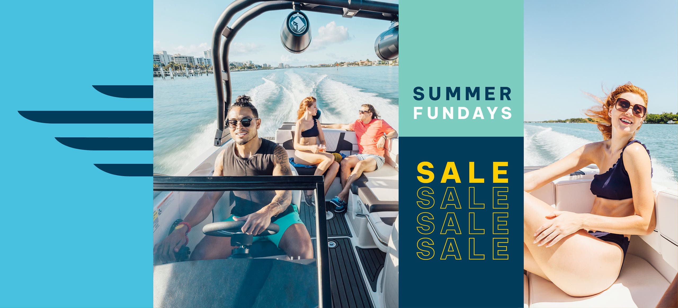 Bayliner's Summer Fundays Promotional Banner with people enjoying the sun on a Bayliner boat